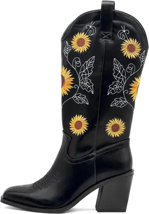 Western Cowboy Boots for Women Mid Calf Cowgirl Boots with Classic Sunflower Embroidered Slip On Square Toe Chunky High Heels Fashion Retro Pull-On Boot for Girls Ladies Fall & Winter