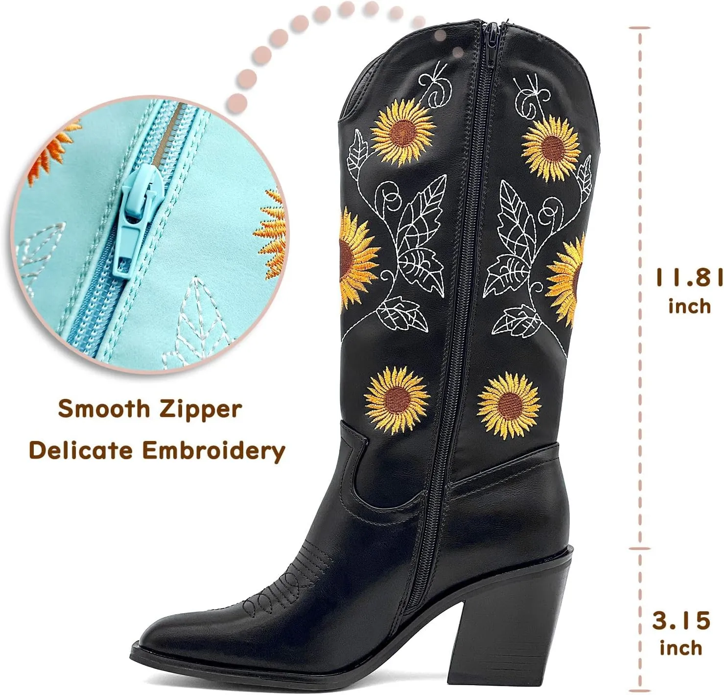 Western Cowboy Boots for Women Mid Calf Cowgirl Boots with Classic Sunflower Embroidered Slip On Square Toe Chunky High Heels Fashion Retro Pull-On Boot for Girls Ladies Fall & Winter