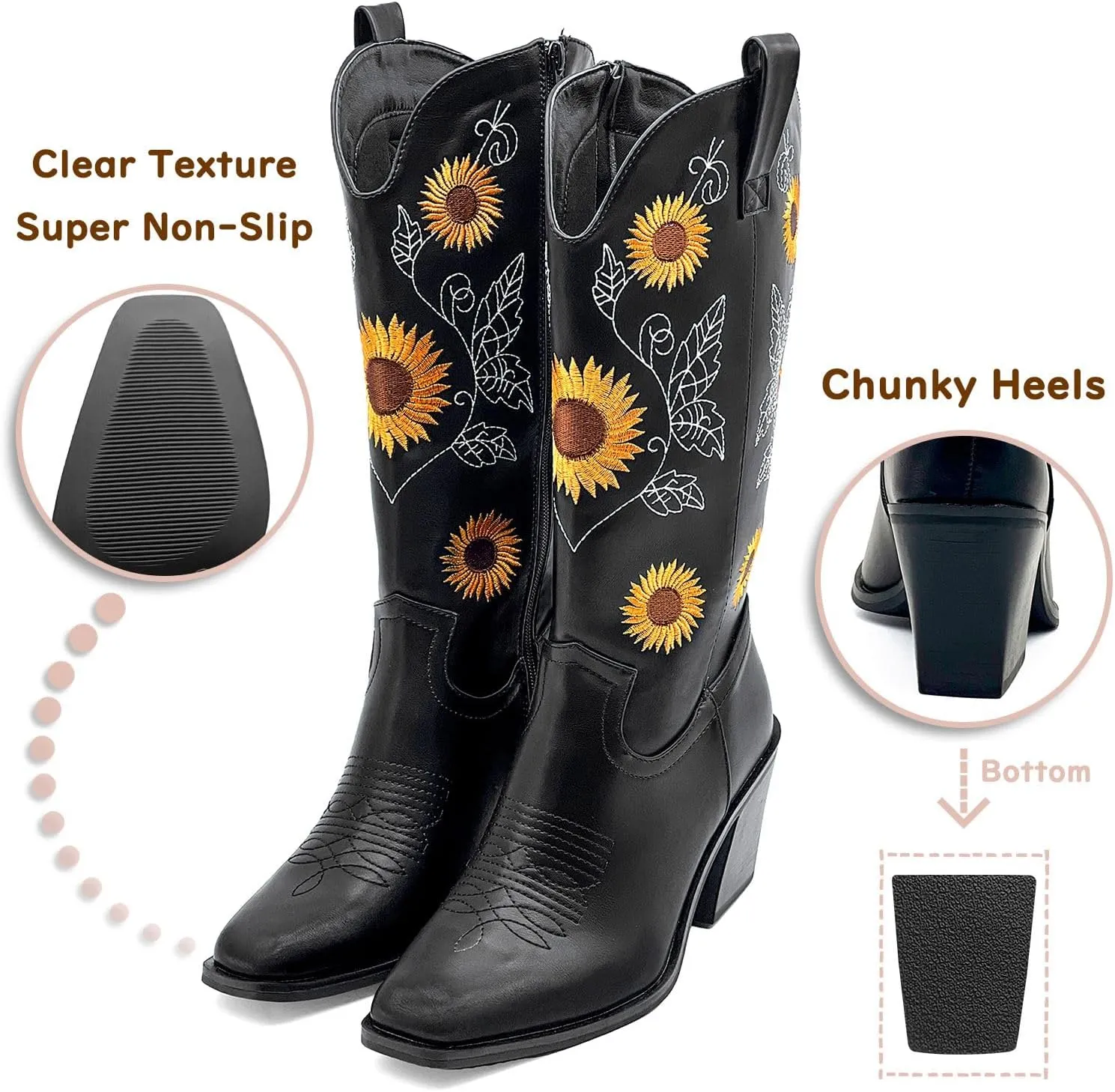 Western Cowboy Boots for Women Mid Calf Cowgirl Boots with Classic Sunflower Embroidered Slip On Square Toe Chunky High Heels Fashion Retro Pull-On Boot for Girls Ladies Fall & Winter