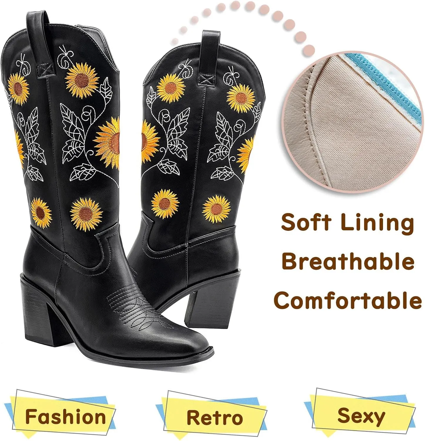 Western Cowboy Boots for Women Mid Calf Cowgirl Boots with Classic Sunflower Embroidered Slip On Square Toe Chunky High Heels Fashion Retro Pull-On Boot for Girls Ladies Fall & Winter