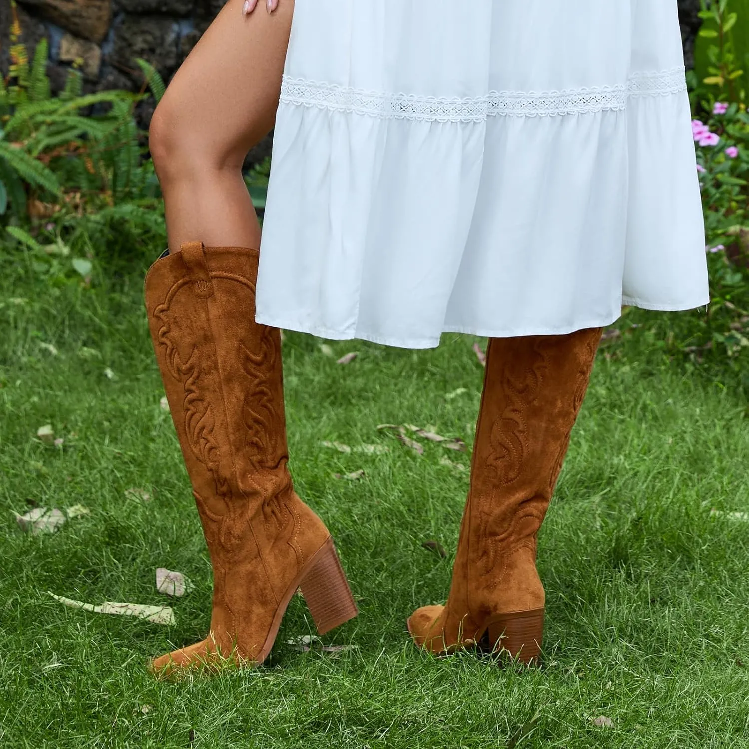 wetkiss Cowgirl Boots Women Knee High Boots, Embroidered Cowboy Boots with Chunky Heel Comfort Tall Western Boots for Women