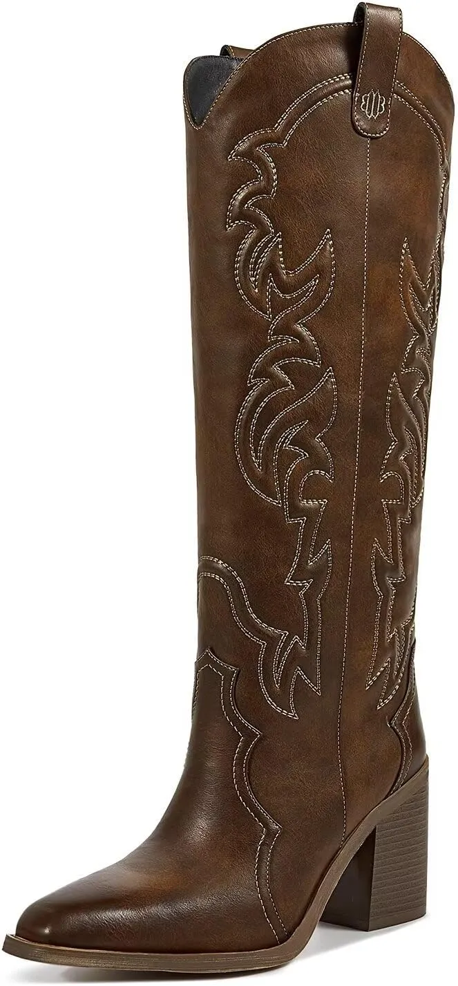 wetkiss Cowgirl Boots Women Knee High Boots, Embroidered Cowboy Boots with Chunky Heel Comfort Tall Western Boots for Women