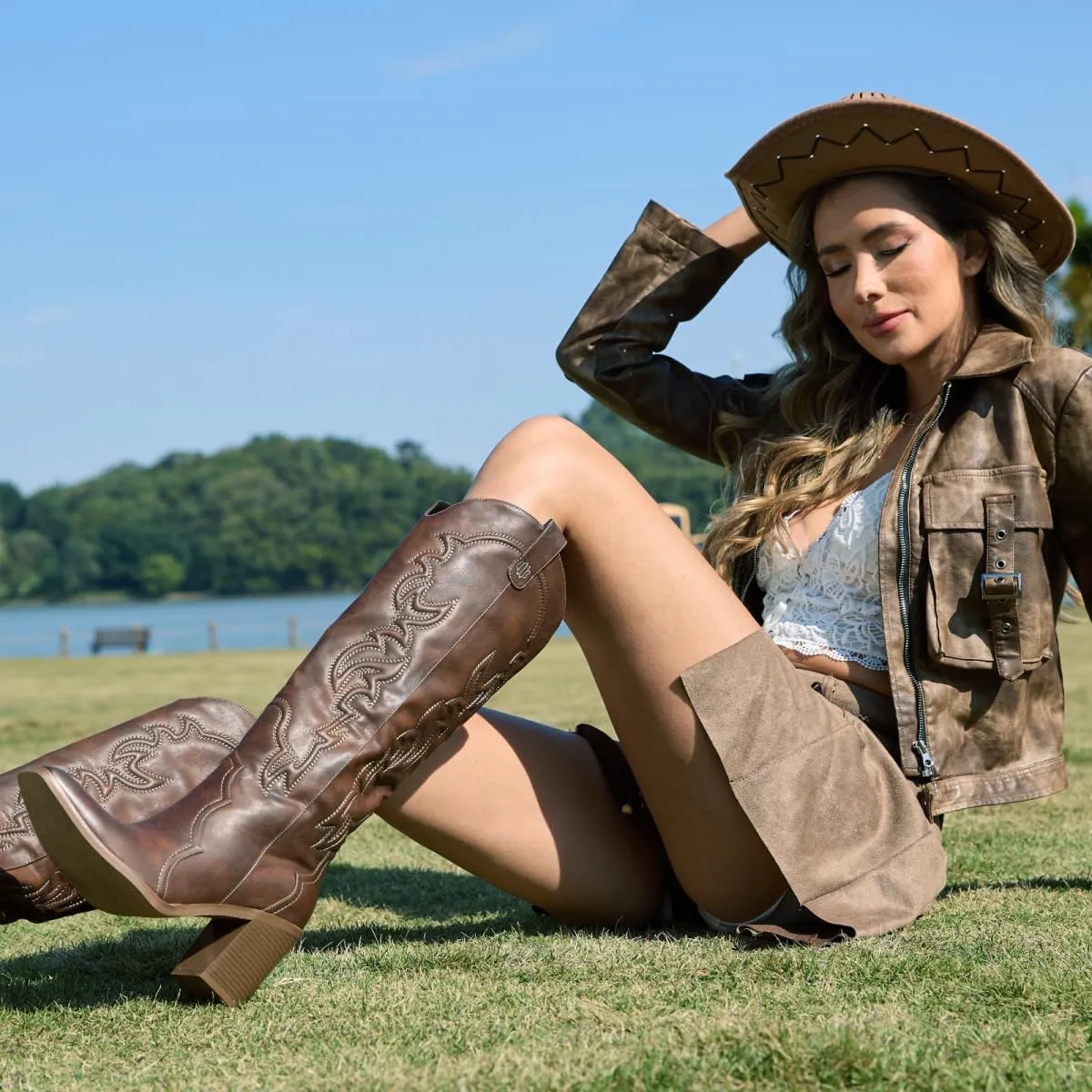 wetkiss Cowgirl Boots Women Knee High Boots, Embroidered Cowboy Boots with Chunky Heel Comfort Tall Western Boots for Women