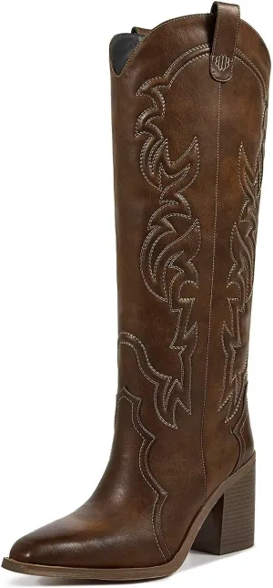 wetkiss Cowgirl Boots Women Knee High Boots, Embroidered Cowboy Boots with Chunky Heel Comfort Tall Western Boots for Women