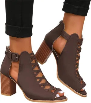 Women Chunky Heeled Sandals Stacked Heel Open Toe Cutout Heels Gladiator Ankle Strap Pumps Summer Bridal Party Dress Shoes