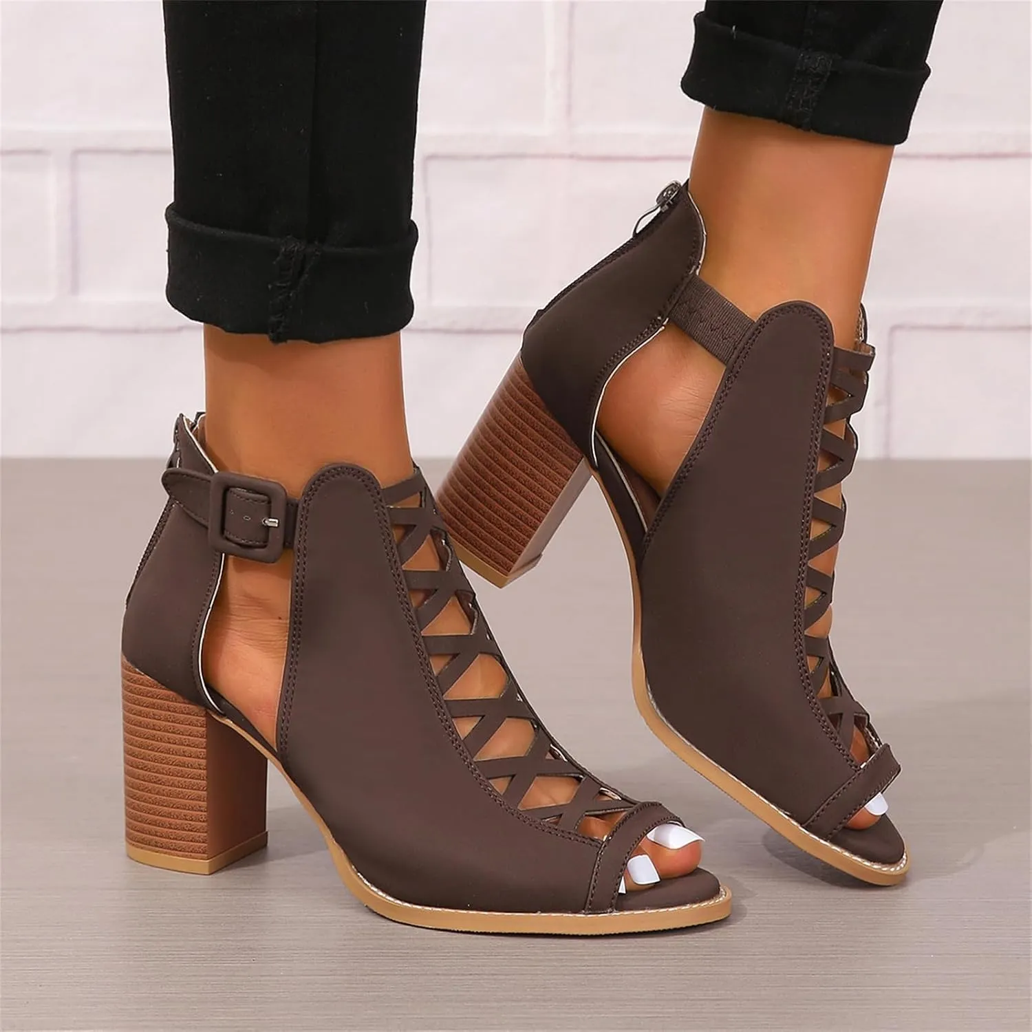 Women Chunky Heeled Sandals Stacked Heel Open Toe Cutout Heels Gladiator Ankle Strap Pumps Summer Bridal Party Dress Shoes