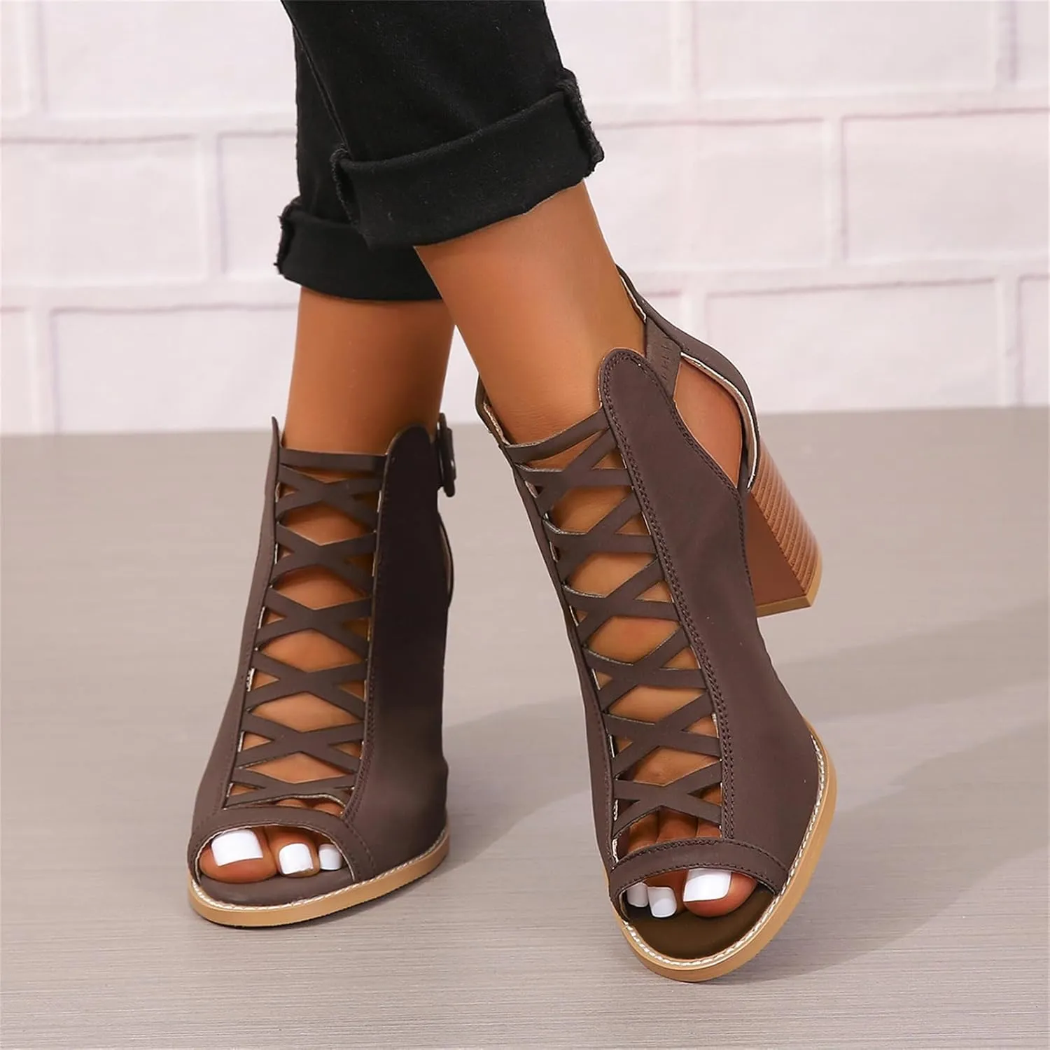 Women Chunky Heeled Sandals Stacked Heel Open Toe Cutout Heels Gladiator Ankle Strap Pumps Summer Bridal Party Dress Shoes