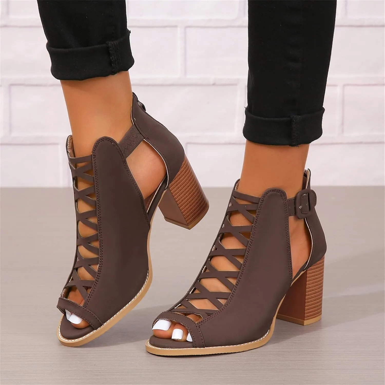 Women Chunky Heeled Sandals Stacked Heel Open Toe Cutout Heels Gladiator Ankle Strap Pumps Summer Bridal Party Dress Shoes