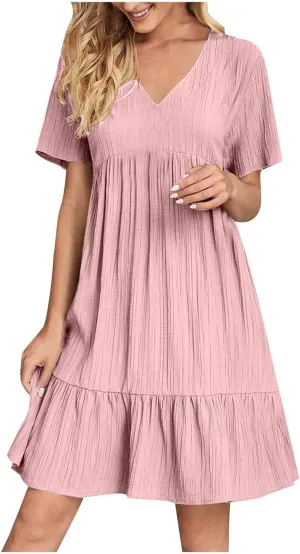 Women Fashion Summer V-Neck Dresses Casual Lightweight Solid Color Short Sleeve Formal Party Swing Pleated Home Dress