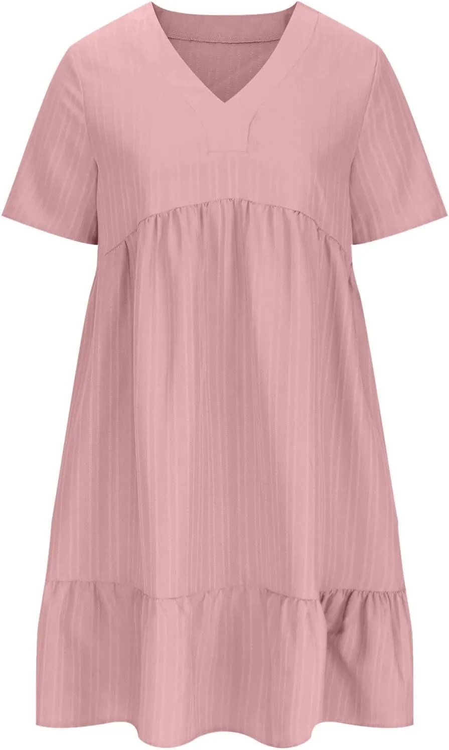 Women Fashion Summer V-Neck Dresses Casual Lightweight Solid Color Short Sleeve Formal Party Swing Pleated Home Dress