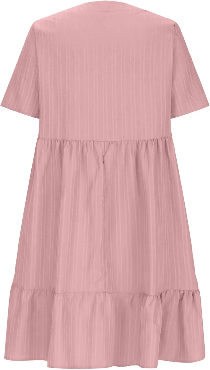 Women Fashion Summer V-Neck Dresses Casual Lightweight Solid Color Short Sleeve Formal Party Swing Pleated Home Dress