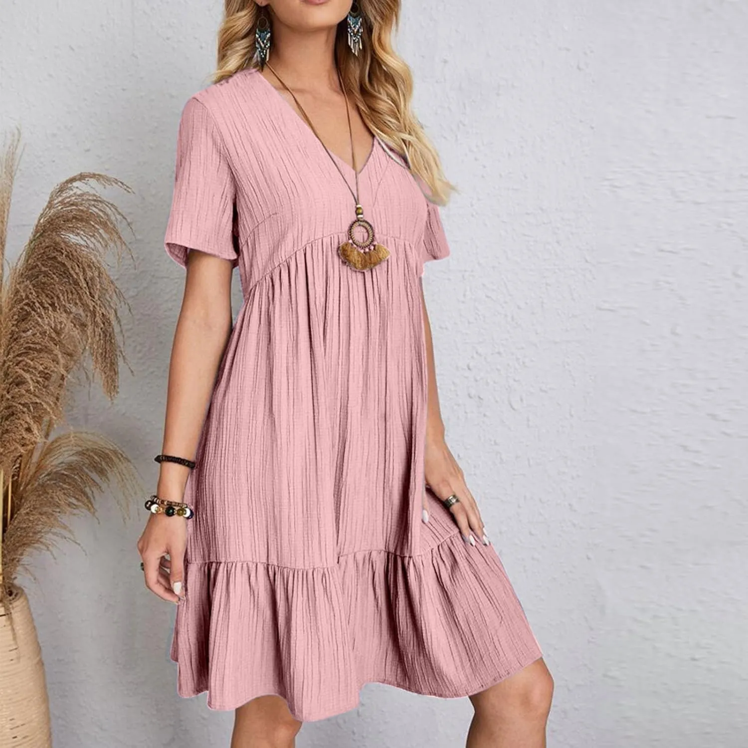 Women Fashion Summer V-Neck Dresses Casual Lightweight Solid Color Short Sleeve Formal Party Swing Pleated Home Dress