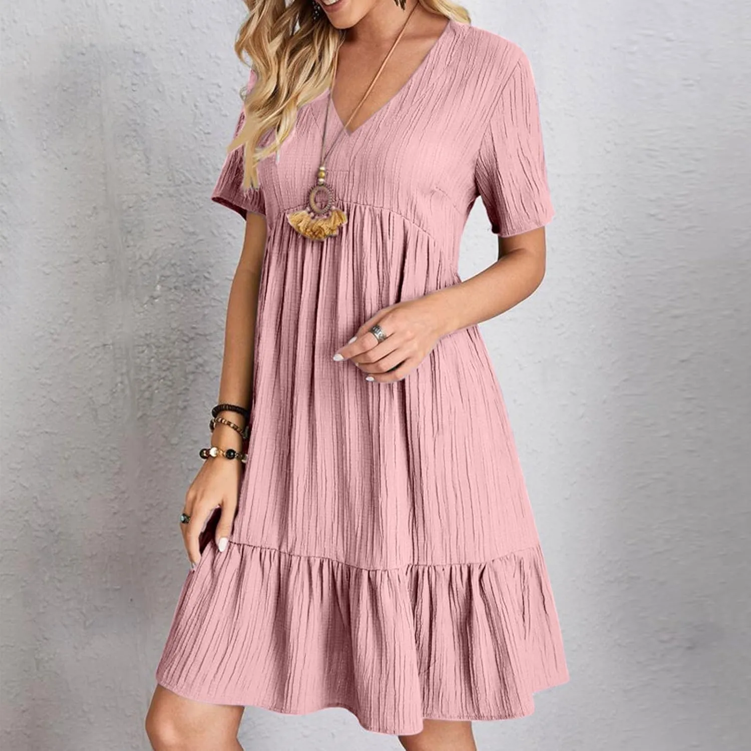 Women Fashion Summer V-Neck Dresses Casual Lightweight Solid Color Short Sleeve Formal Party Swing Pleated Home Dress