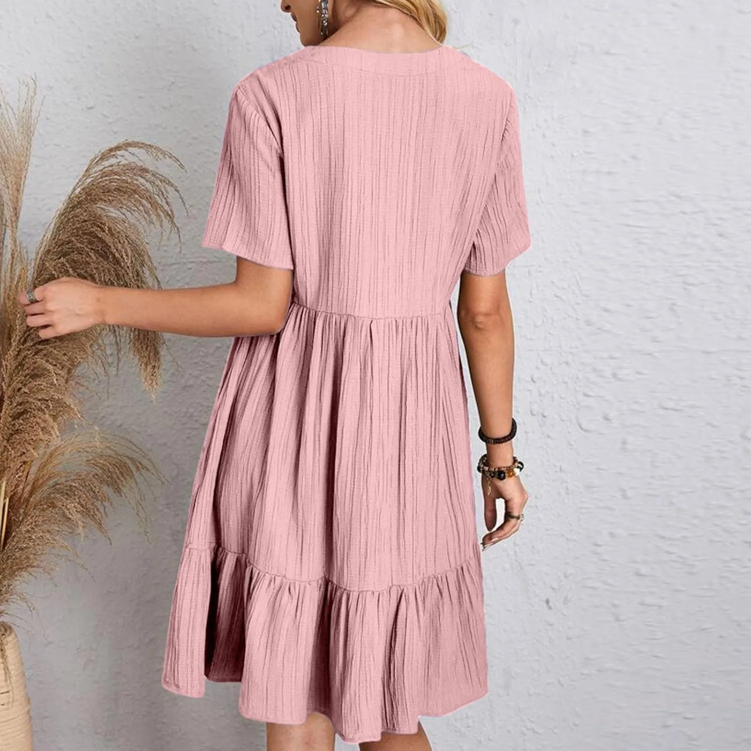 Women Fashion Summer V-Neck Dresses Casual Lightweight Solid Color Short Sleeve Formal Party Swing Pleated Home Dress