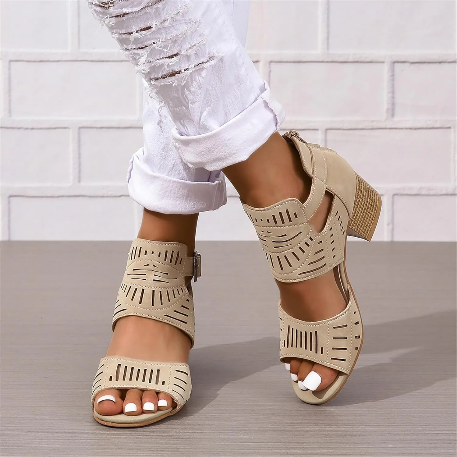 Women Peep Toe Chunky Heeled Sandals Stacked Heel Cutout Roman Sandals Buckle Ankle Strap Summer Casual Party Dress Shoes