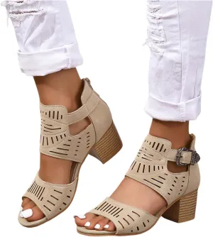 Women Peep Toe Chunky Heeled Sandals Stacked Heel Cutout Roman Sandals Buckle Ankle Strap Summer Casual Party Dress Shoes