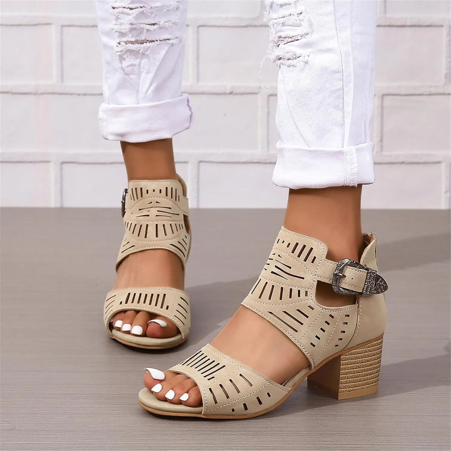 Women Peep Toe Chunky Heeled Sandals Stacked Heel Cutout Roman Sandals Buckle Ankle Strap Summer Casual Party Dress Shoes