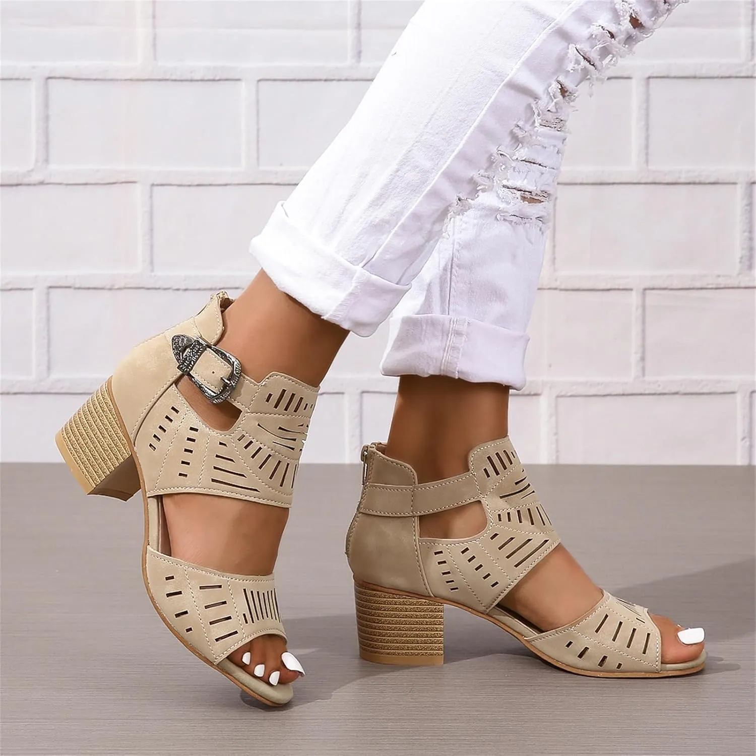 Women Peep Toe Chunky Heeled Sandals Stacked Heel Cutout Roman Sandals Buckle Ankle Strap Summer Casual Party Dress Shoes