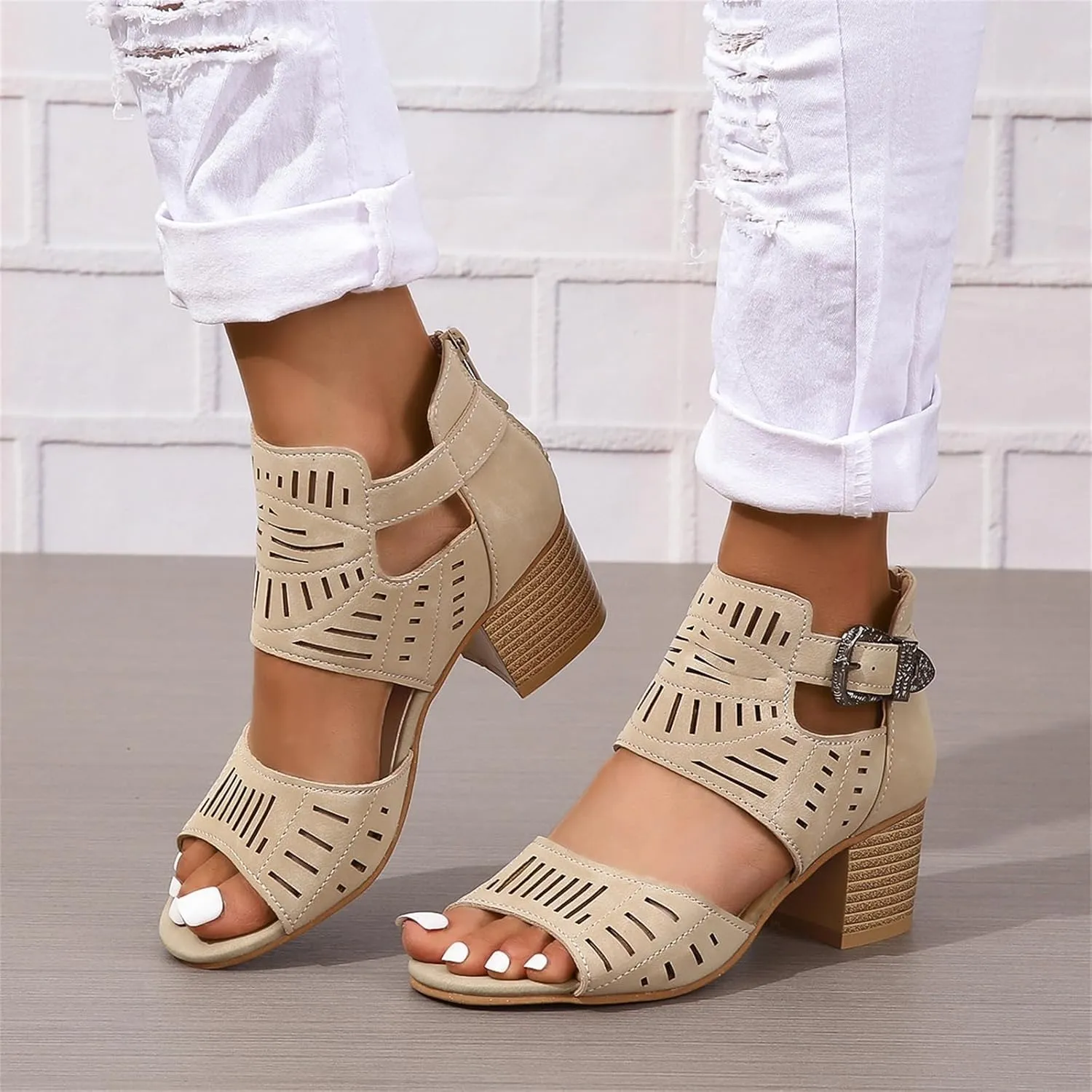 Women Peep Toe Chunky Heeled Sandals Stacked Heel Cutout Roman Sandals Buckle Ankle Strap Summer Casual Party Dress Shoes