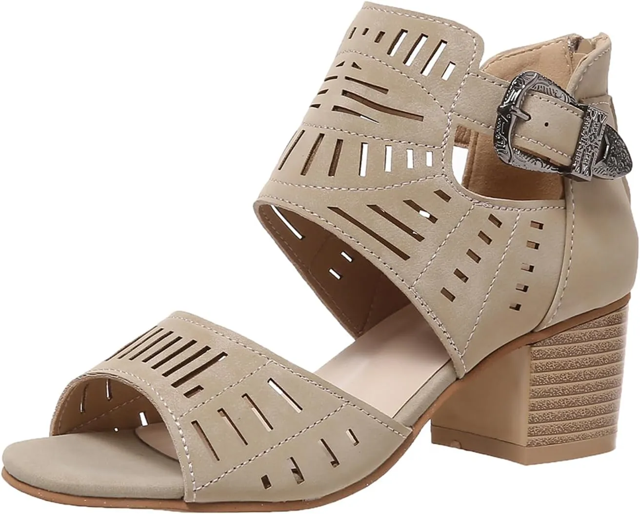 Women Peep Toe Chunky Heeled Sandals Stacked Heel Cutout Roman Sandals Buckle Ankle Strap Summer Casual Party Dress Shoes