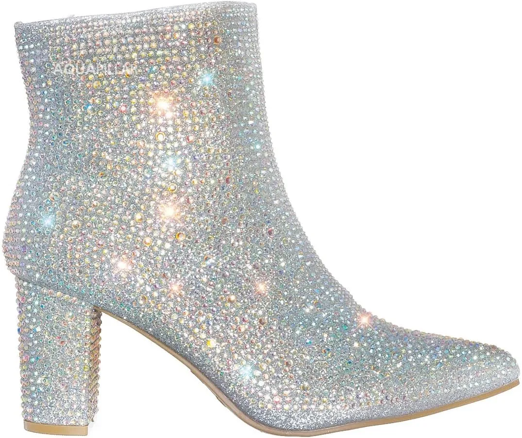 Women Rhinestone Block Chunky Heel Ankle Bootie