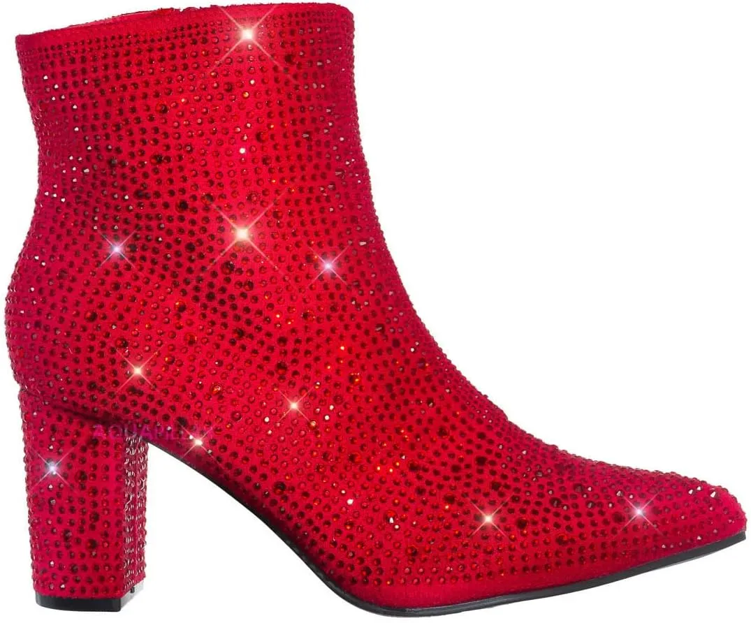 Women Rhinestone Block Chunky Heel Ankle Bootie