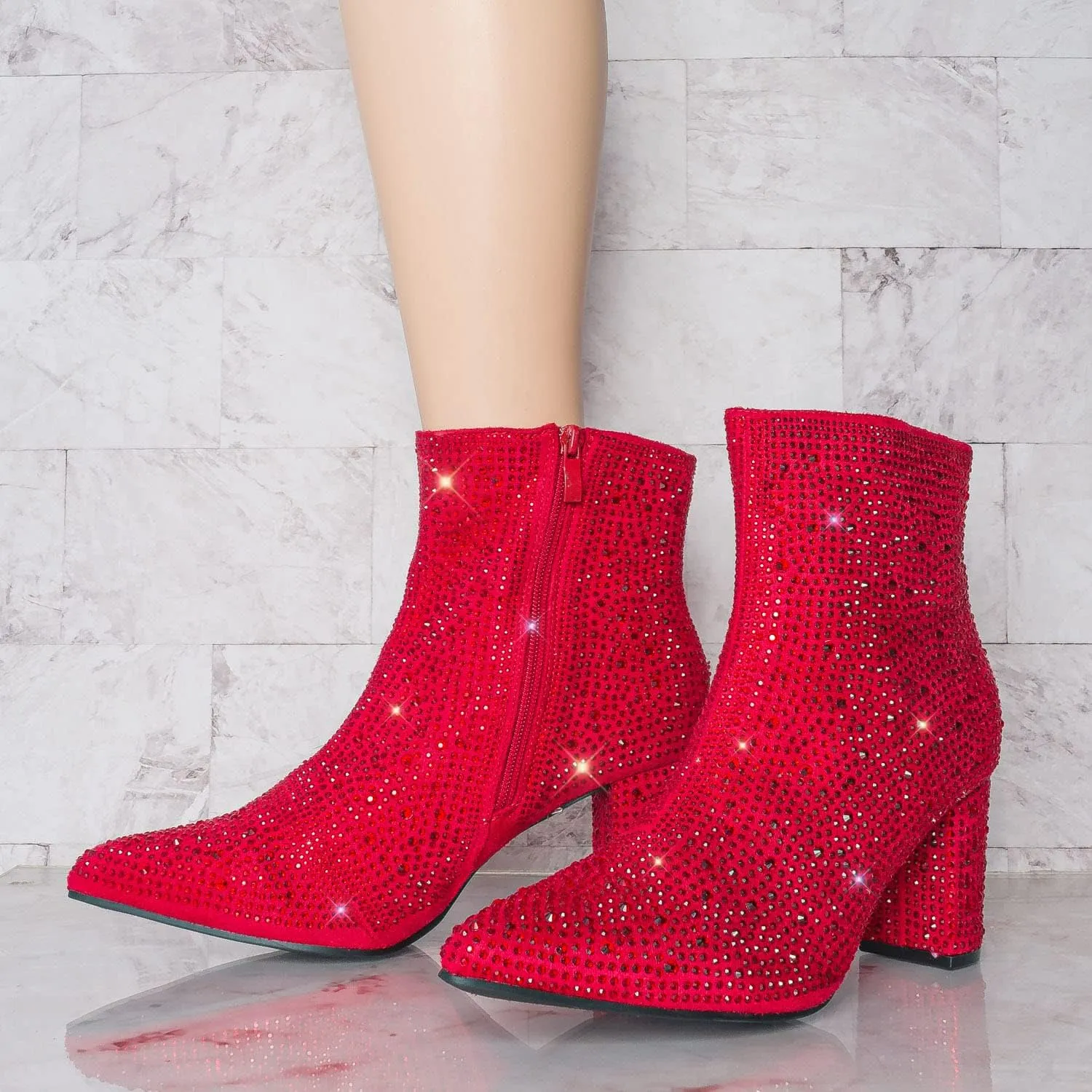 Women Rhinestone Block Chunky Heel Ankle Bootie