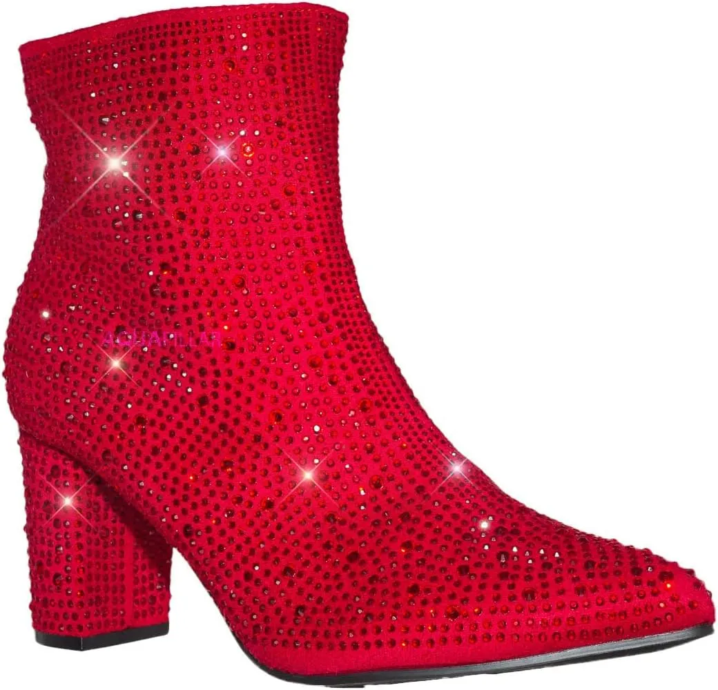 Women Rhinestone Block Chunky Heel Ankle Bootie