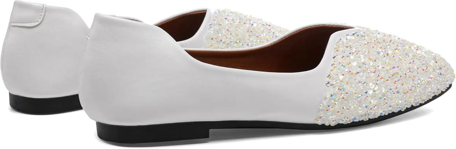 Women Rhinestone Flats Silver,Square Toe Bling Glitter Dressy Casual Bridal Wedding Sparkly Comfortable Shoe