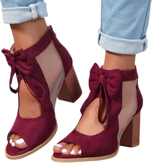 Women Stacked Heel Sandals Back Zipper Peep Toe Cutout Bowknot Chunky High Heel Pumps Summer Party Dress Ankle Booties