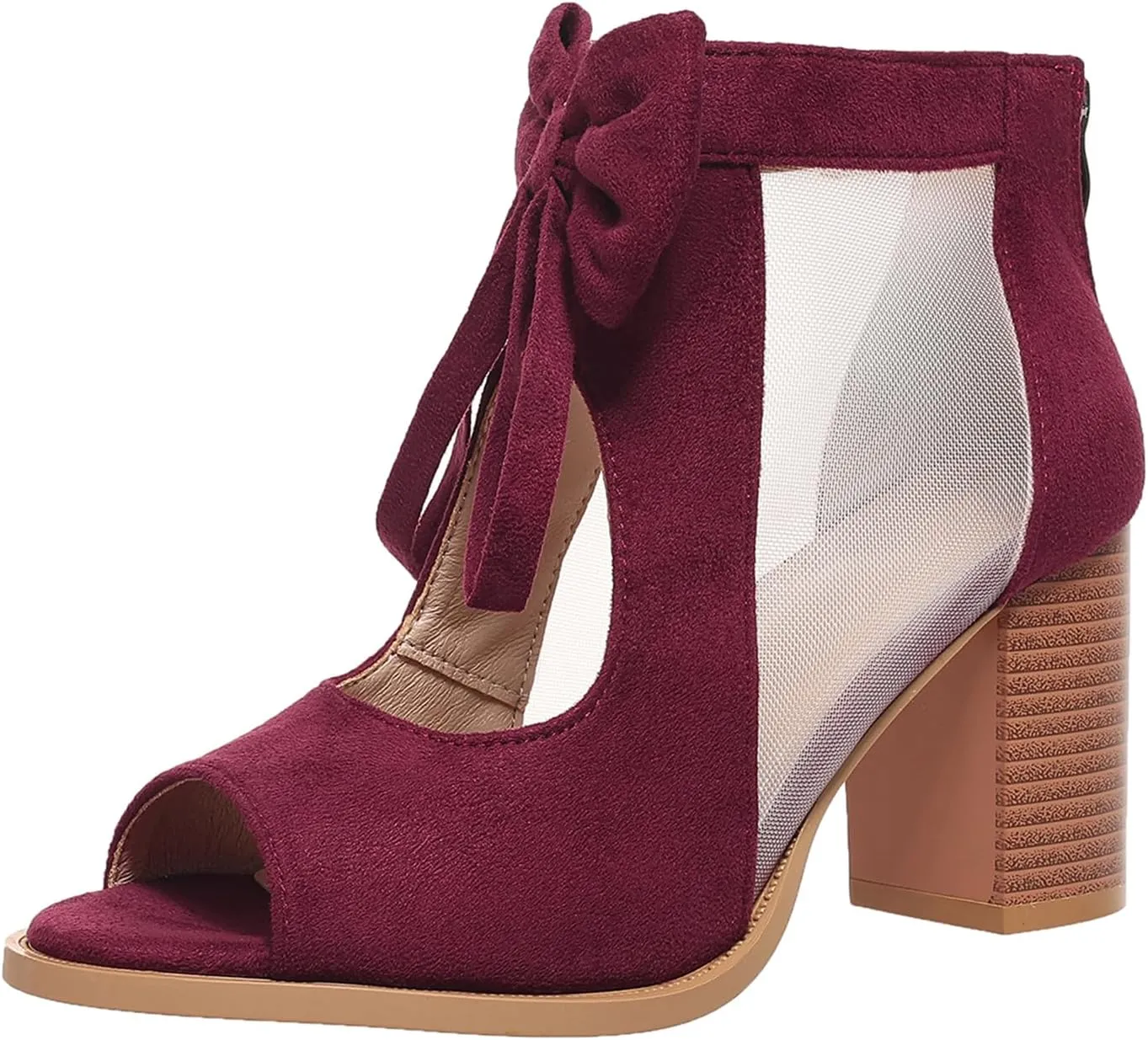 Women Stacked Heel Sandals Back Zipper Peep Toe Cutout Bowknot Chunky High Heel Pumps Summer Party Dress Ankle Booties