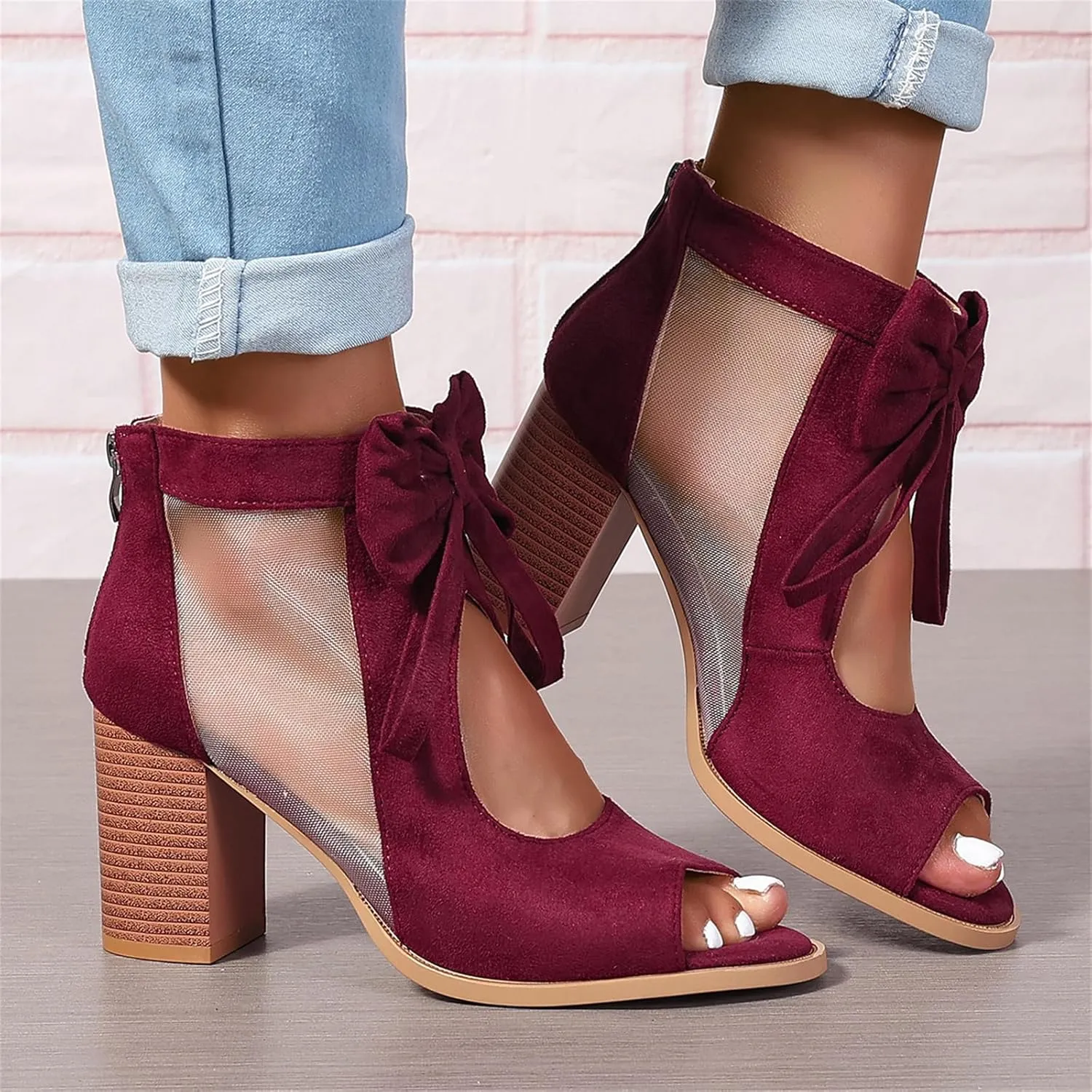 Women Stacked Heel Sandals Back Zipper Peep Toe Cutout Bowknot Chunky High Heel Pumps Summer Party Dress Ankle Booties