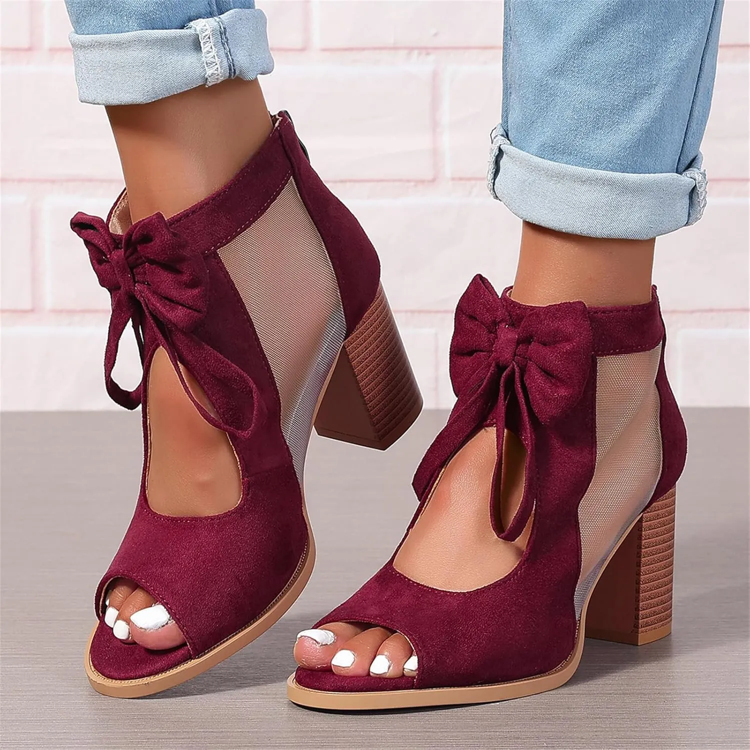 Women Stacked Heel Sandals Back Zipper Peep Toe Cutout Bowknot Chunky High Heel Pumps Summer Party Dress Ankle Booties