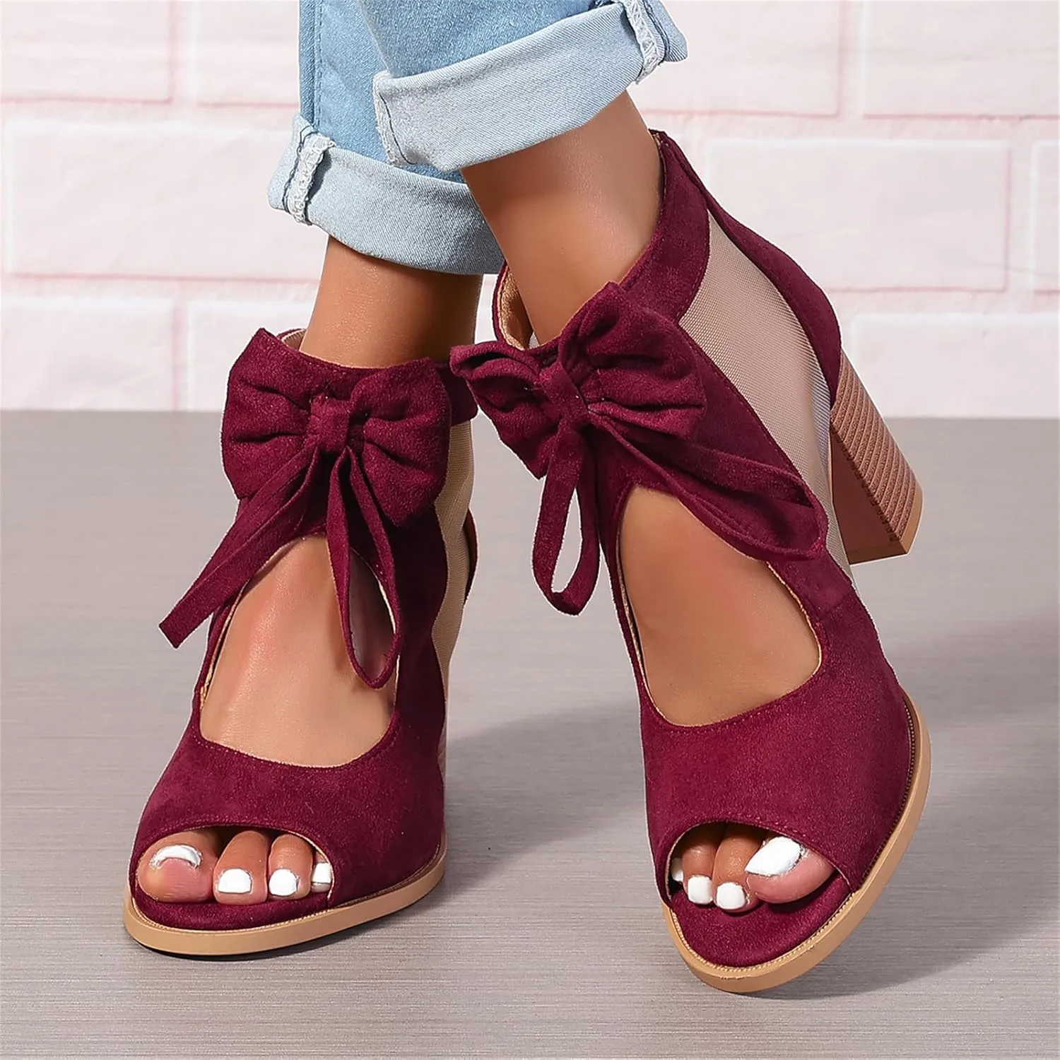 Women Stacked Heel Sandals Back Zipper Peep Toe Cutout Bowknot Chunky High Heel Pumps Summer Party Dress Ankle Booties