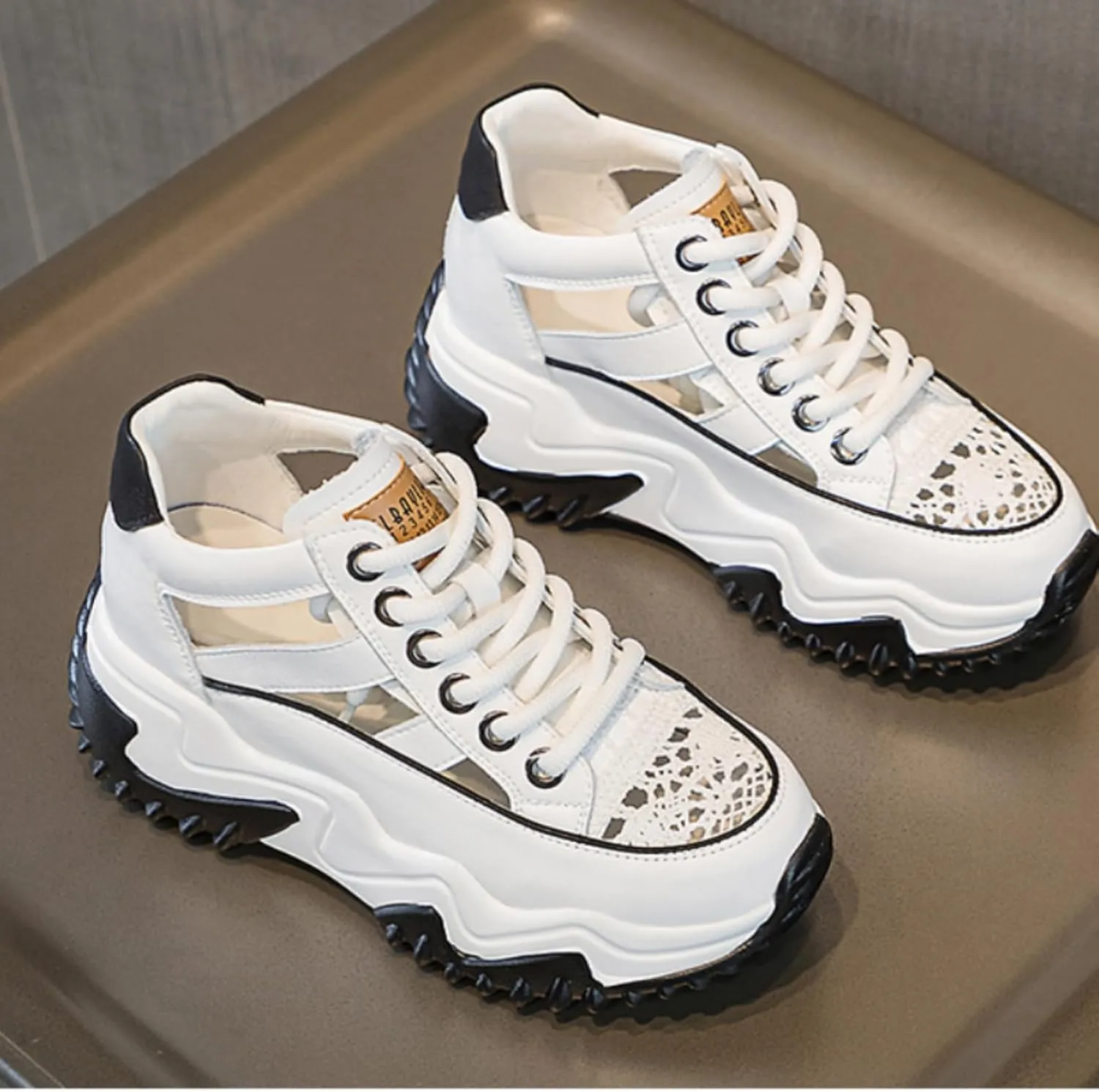 Womens Breathable Hollow Leather Lace Up Platform Sneakers Summer Casual Non-Slip Height Gain Walking Workout Sport Shoes