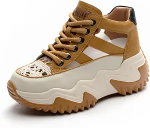 Womens Breathable Hollow Leather Lace Up Platform Sneakers Summer Casual Non-Slip Height Gain Walking Workout Sport Shoes