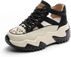 Womens Breathable Hollow Leather Lace Up Platform Sneakers Summer Casual Non-Slip Height Gain Walking Workout Sport Shoes