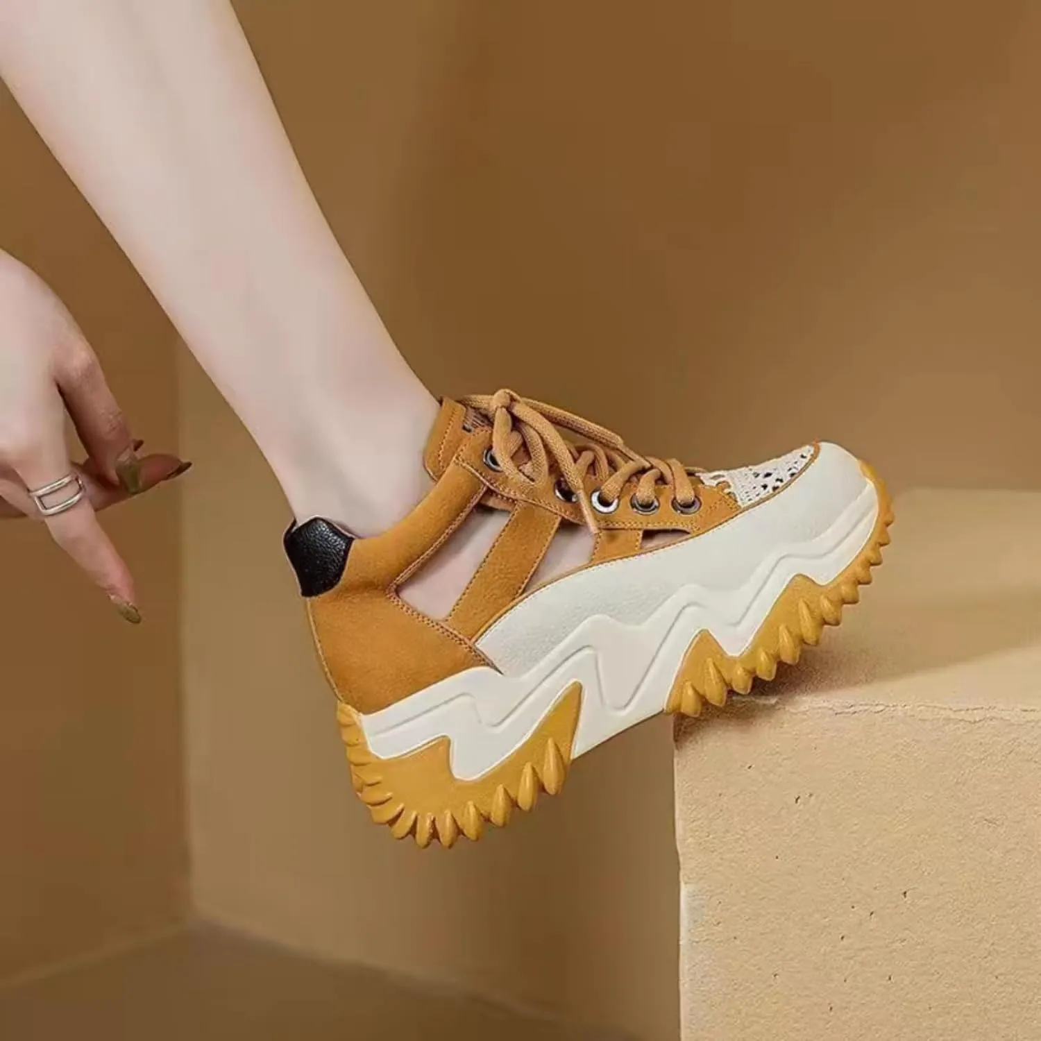 Womens Breathable Hollow Leather Lace Up Platform Sneakers Summer Casual Non-Slip Height Gain Walking Workout Sport Shoes