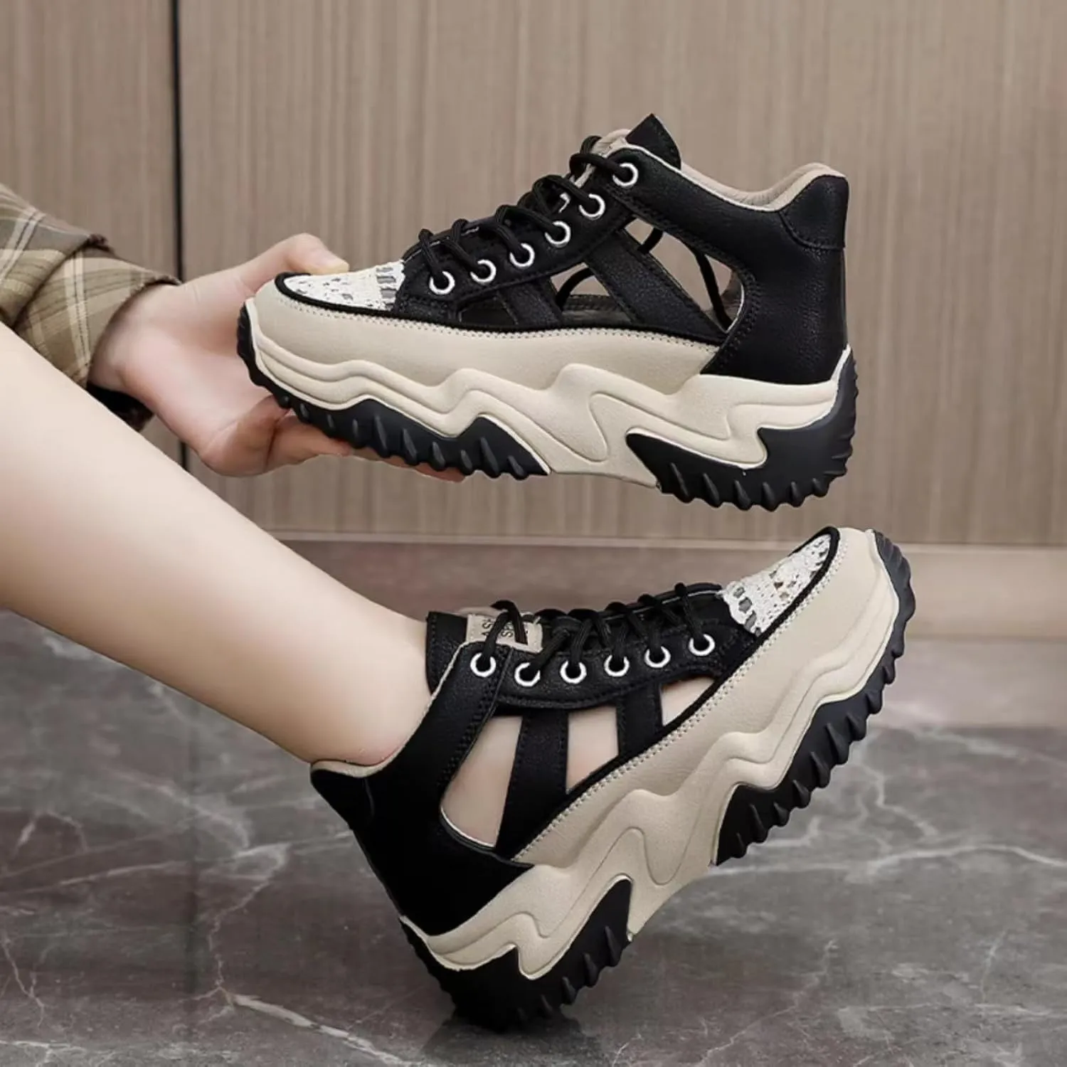 Womens Breathable Hollow Leather Lace Up Platform Sneakers Summer Casual Non-Slip Height Gain Walking Workout Sport Shoes
