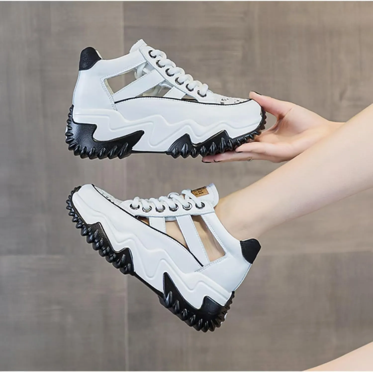 Womens Breathable Hollow Leather Lace Up Platform Sneakers Summer Casual Non-Slip Height Gain Walking Workout Sport Shoes