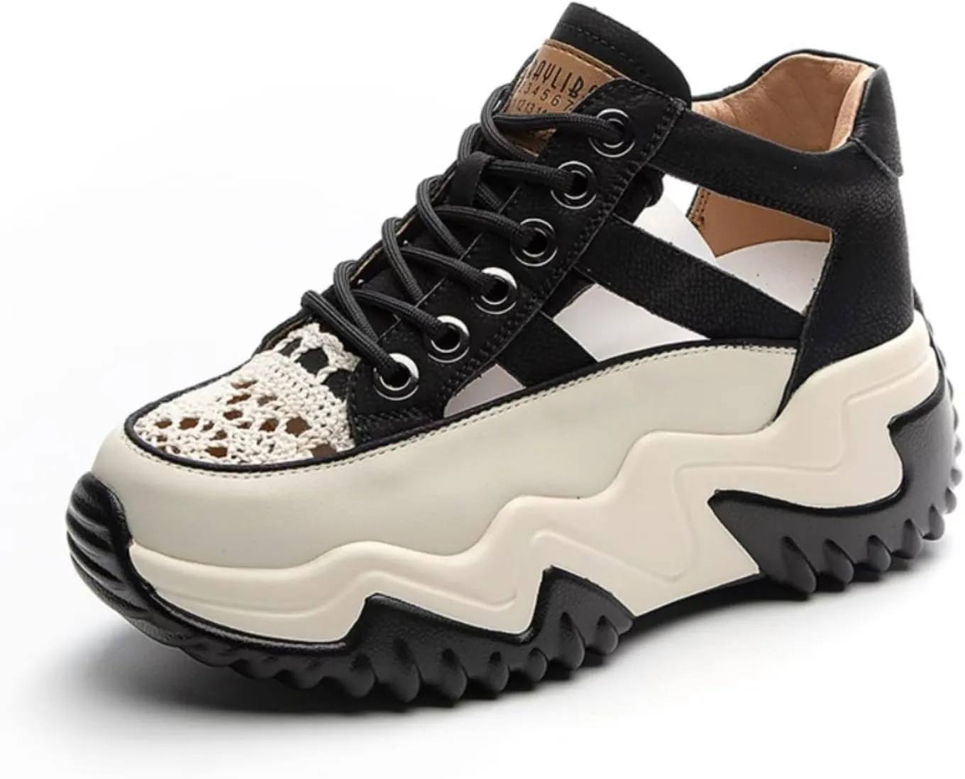 Womens Breathable Hollow Leather Lace Up Platform Sneakers Summer Casual Non-Slip Height Gain Walking Workout Sport Shoes