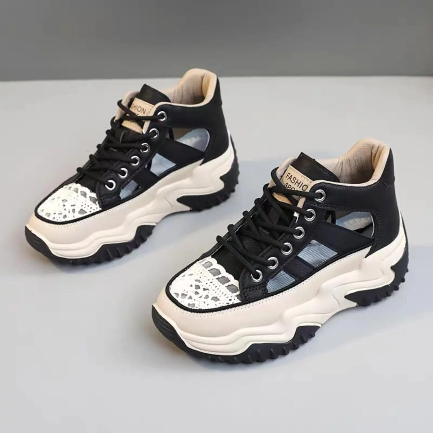 Womens Breathable Hollow Leather Lace Up Platform Sneakers Summer Casual Non-Slip Height Gain Walking Workout Sport Shoes