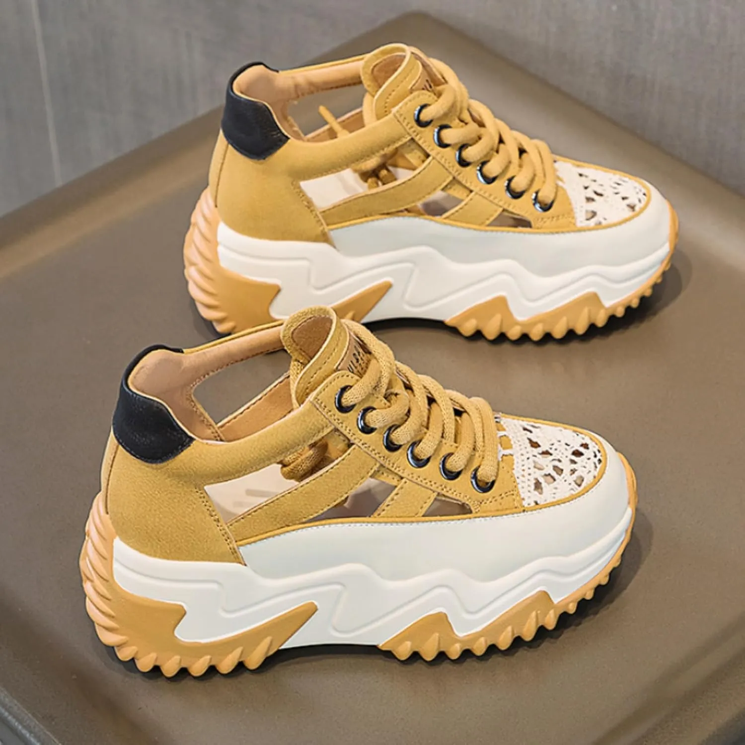 Womens Breathable Hollow Leather Lace Up Platform Sneakers Summer Casual Non-Slip Height Gain Walking Workout Sport Shoes