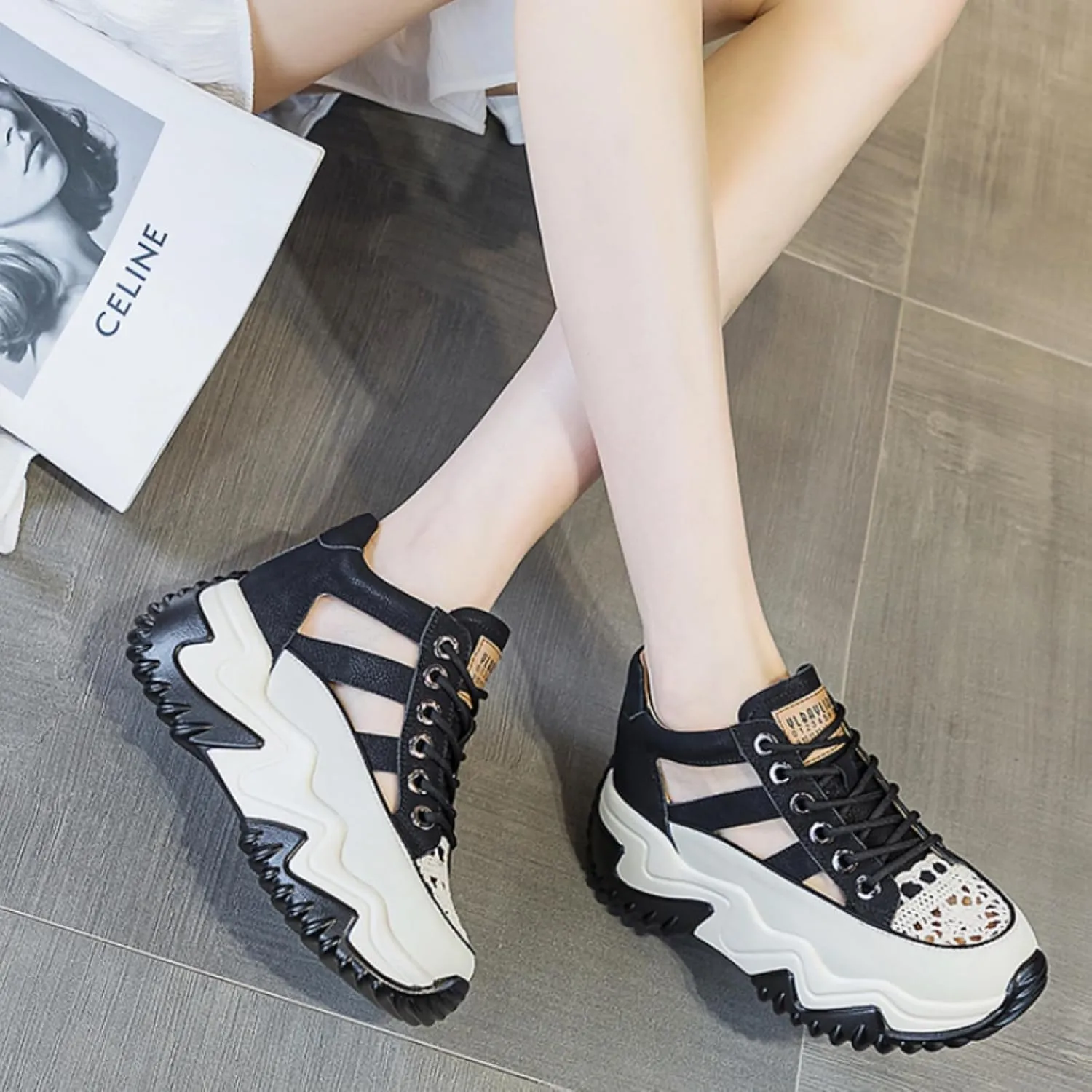 Womens Breathable Hollow Leather Lace Up Platform Sneakers Summer Casual Non-Slip Height Gain Walking Workout Sport Shoes