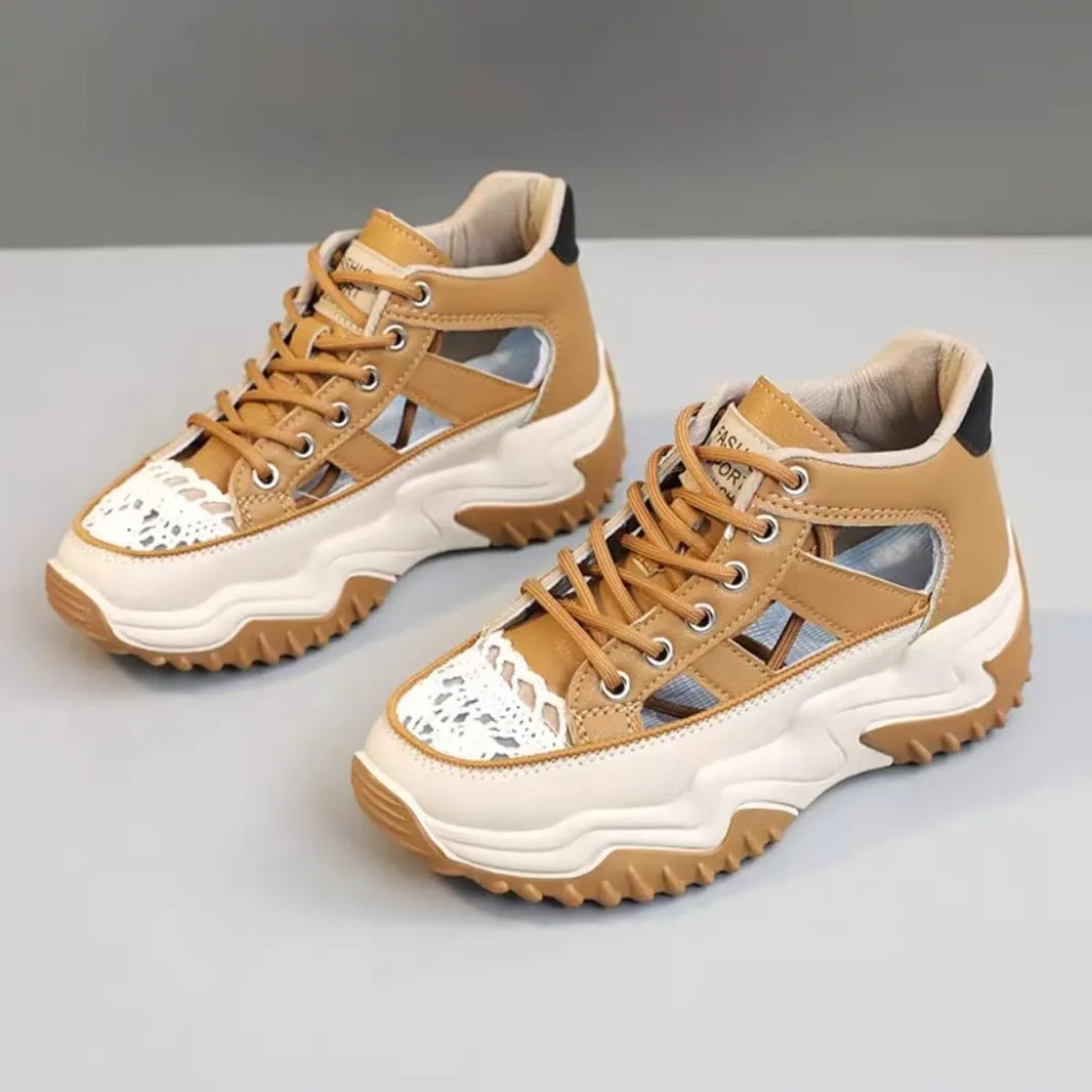 Womens Breathable Hollow Leather Lace Up Platform Sneakers Summer Casual Non-Slip Height Gain Walking Workout Sport Shoes