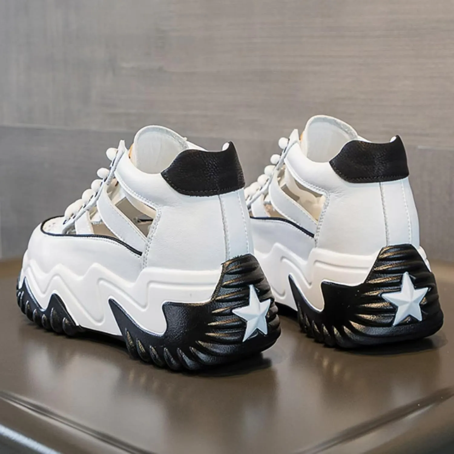 Womens Breathable Hollow Leather Lace Up Platform Sneakers Summer Casual Non-Slip Height Gain Walking Workout Sport Shoes