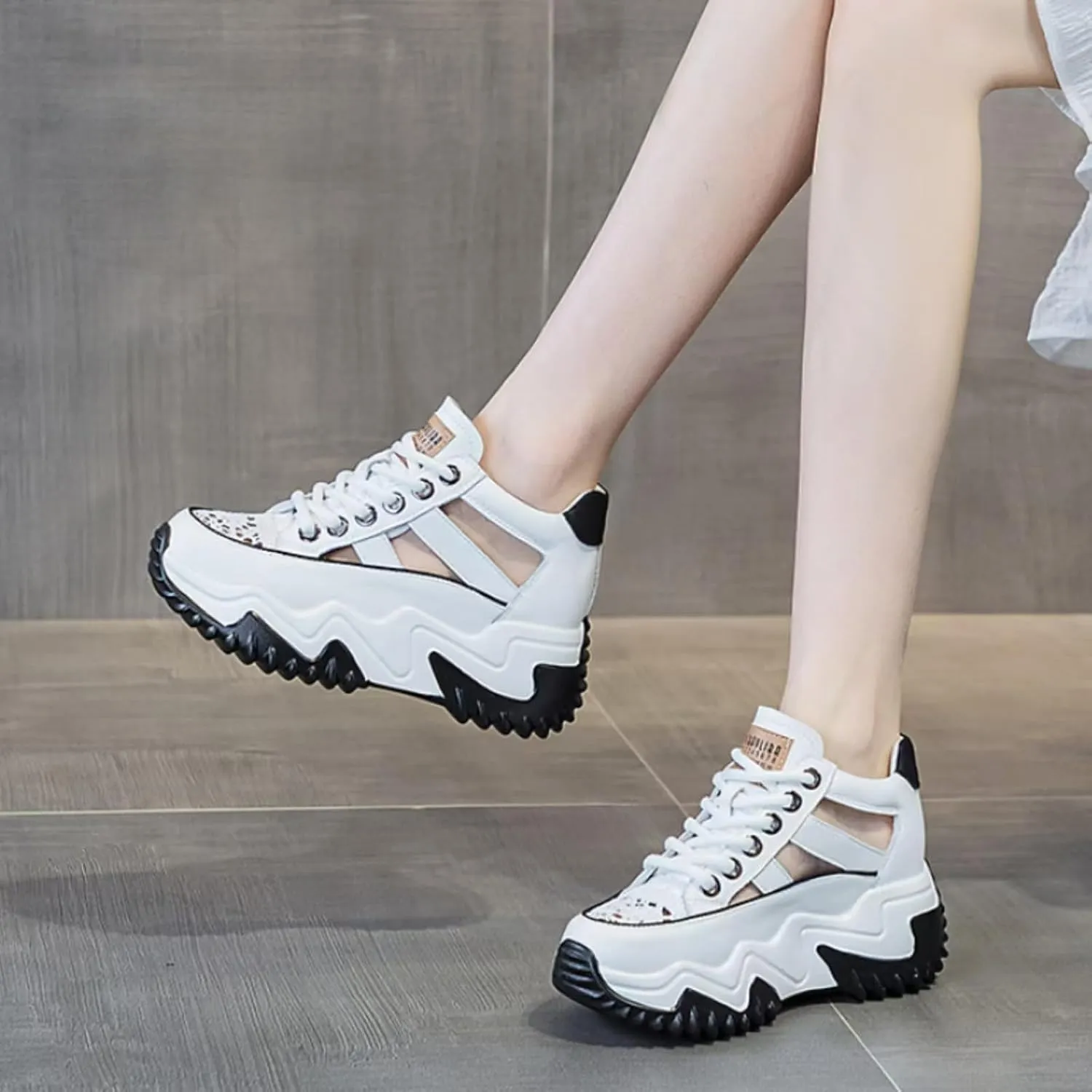 Womens Breathable Hollow Leather Lace Up Platform Sneakers Summer Casual Non-Slip Height Gain Walking Workout Sport Shoes