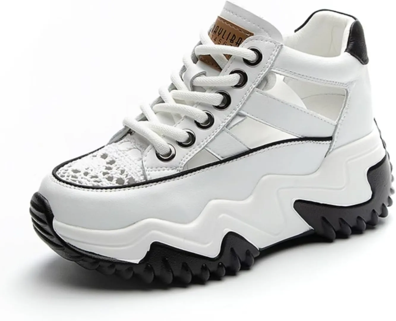 Womens Breathable Hollow Leather Lace Up Platform Sneakers Summer Casual Non-Slip Height Gain Walking Workout Sport Shoes