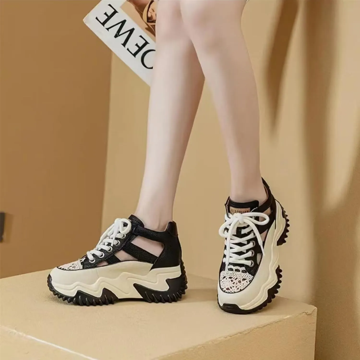 Womens Breathable Hollow Leather Lace Up Platform Sneakers Summer Casual Non-Slip Height Gain Walking Workout Sport Shoes