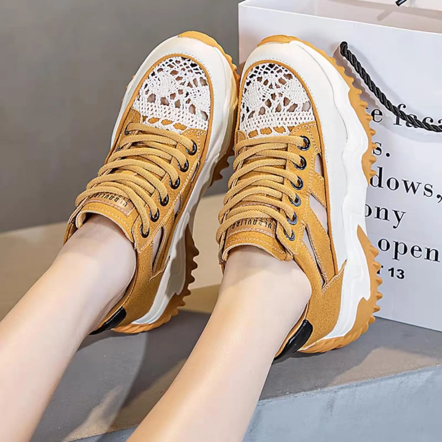 Womens Breathable Hollow Leather Lace Up Platform Sneakers Summer Casual Non-Slip Height Gain Walking Workout Sport Shoes